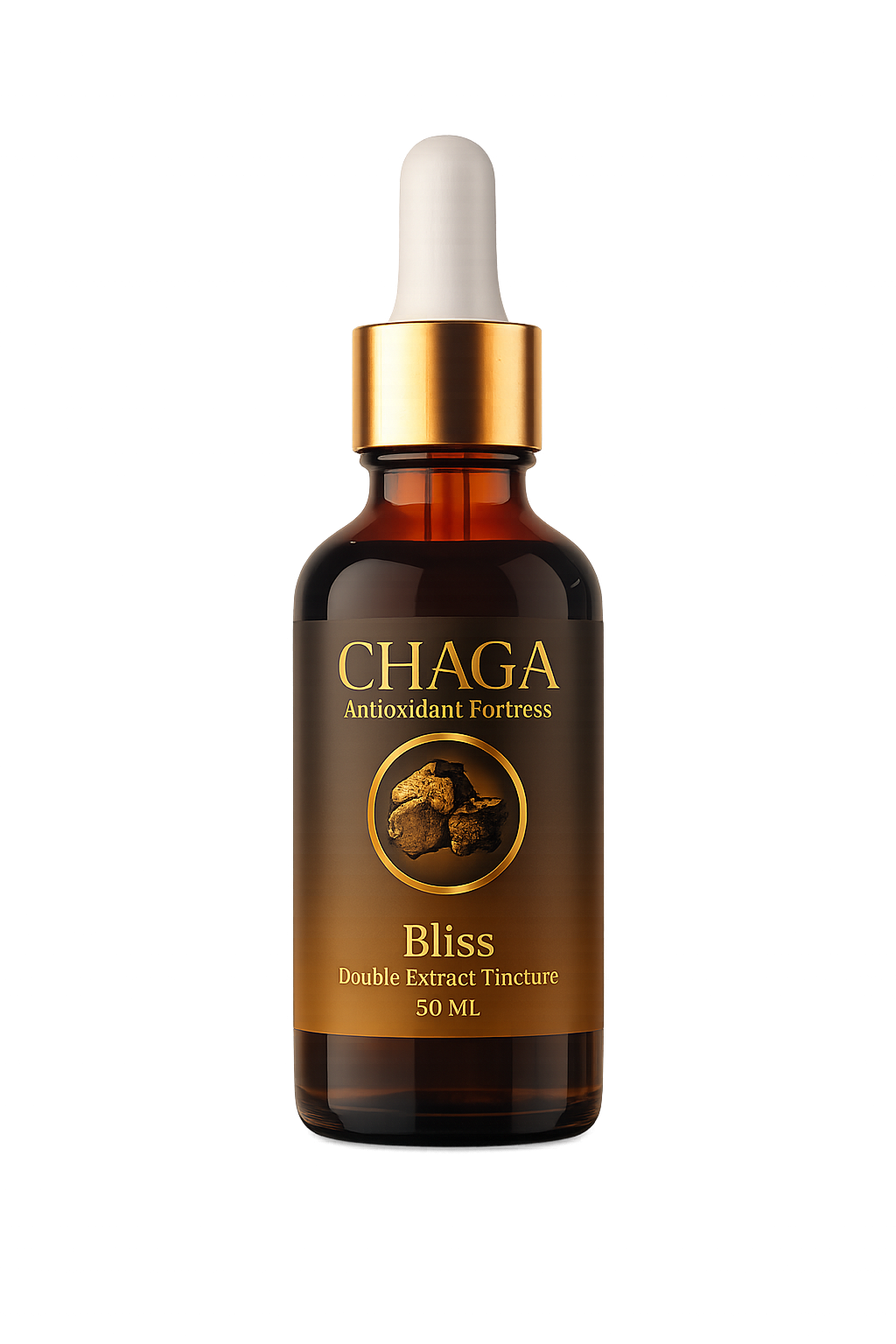 Shield Chaga amber tincture bottle with gold cap