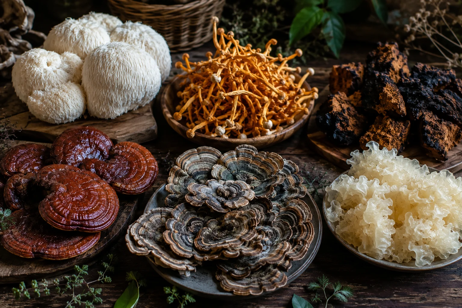 Complete collection of functional mushrooms on an apothecary table